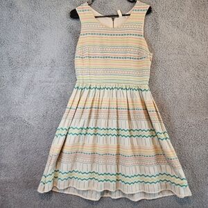 Kenji Dress Sz 10 Cream Green Pink Blue Embroidered Fit Flare Sleeveless Boho